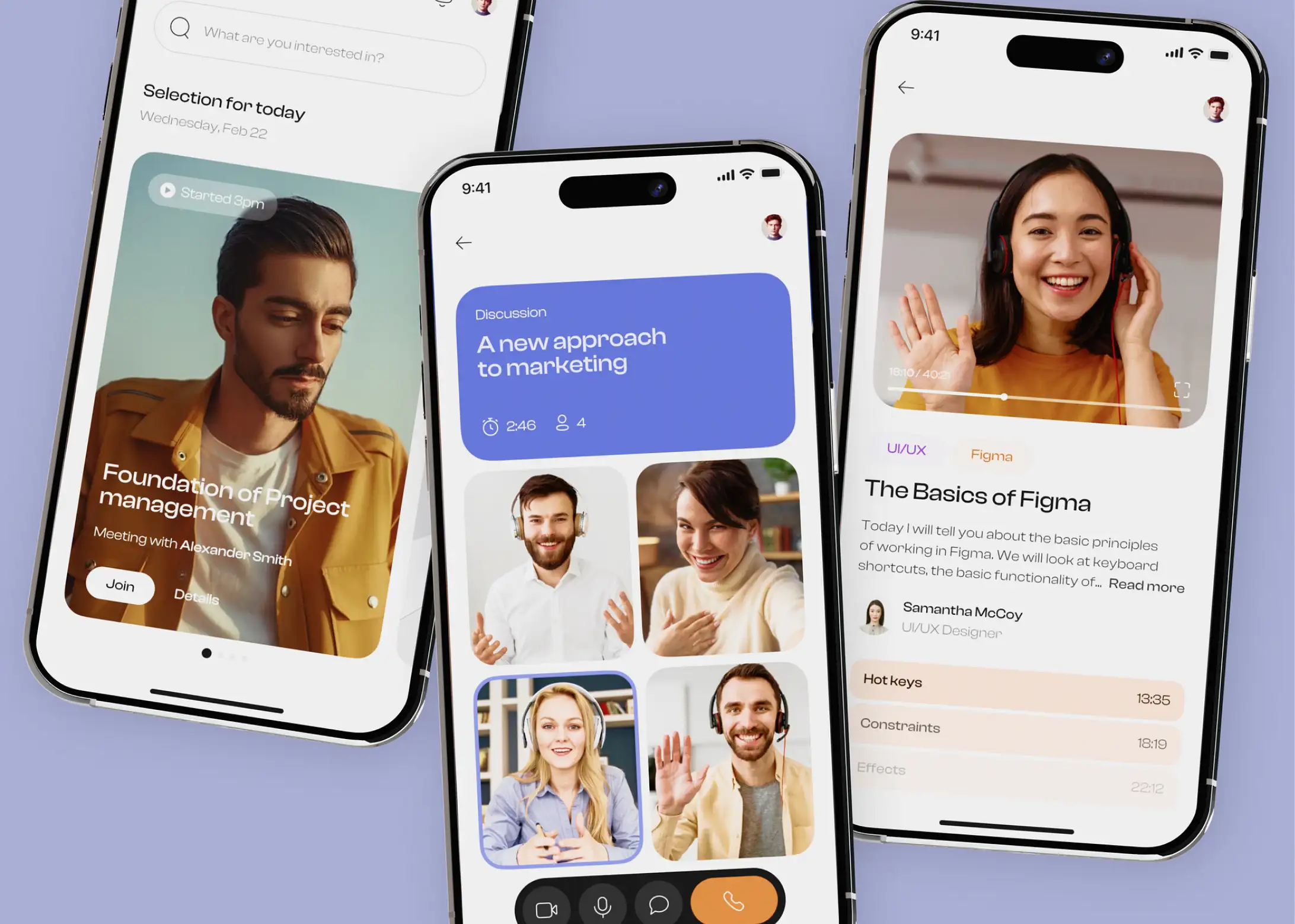 Online learning app design: course feed, video class call, and a Figma lesson screen