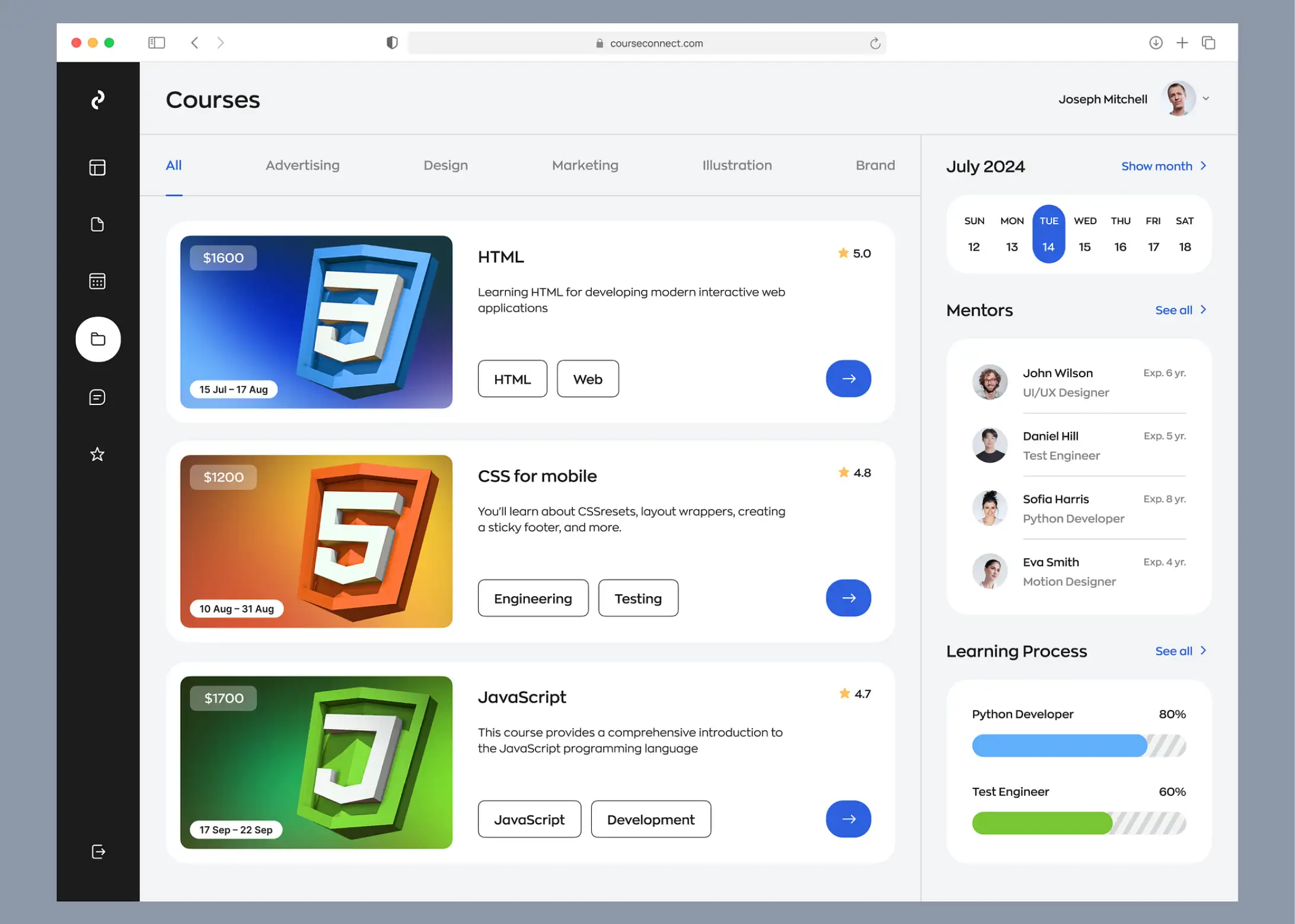CourseConnect web dashboard design showing course listings, calendar, and mentors