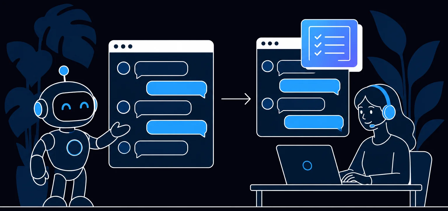 A support agent takes over a chat from an AI assistant and reads the conversation history with a short summary of the request.