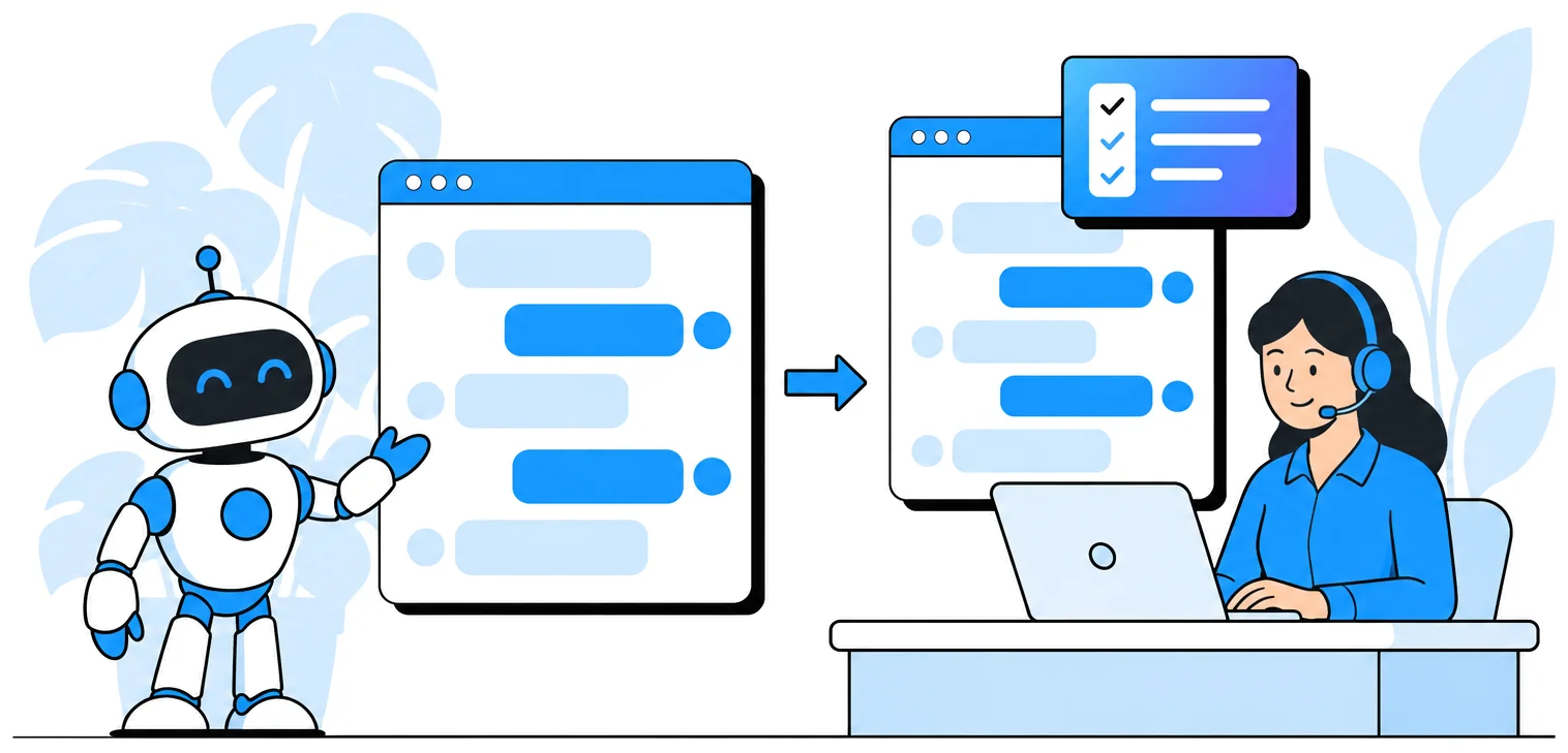A support agent takes over a chat from an AI assistant and reads the conversation history with a short summary of the request.
