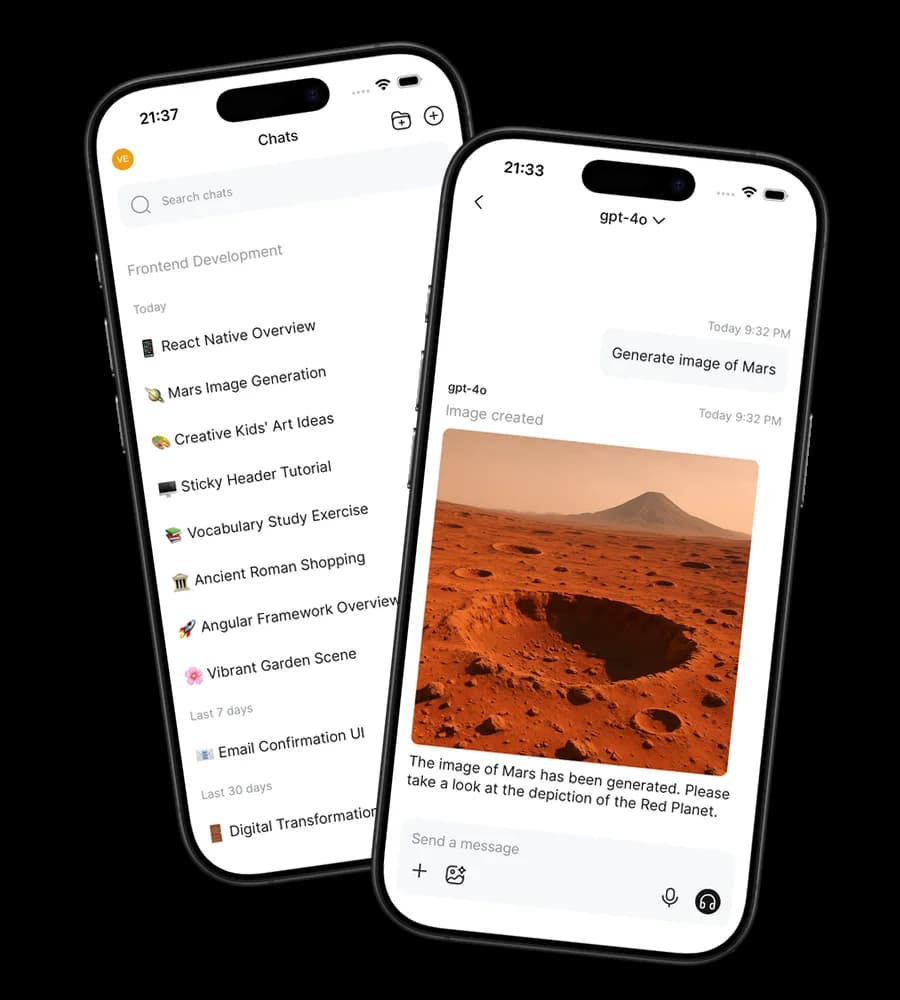 Open MobileUI app on two phones showing a chat with an AI assistant and the list of chats.