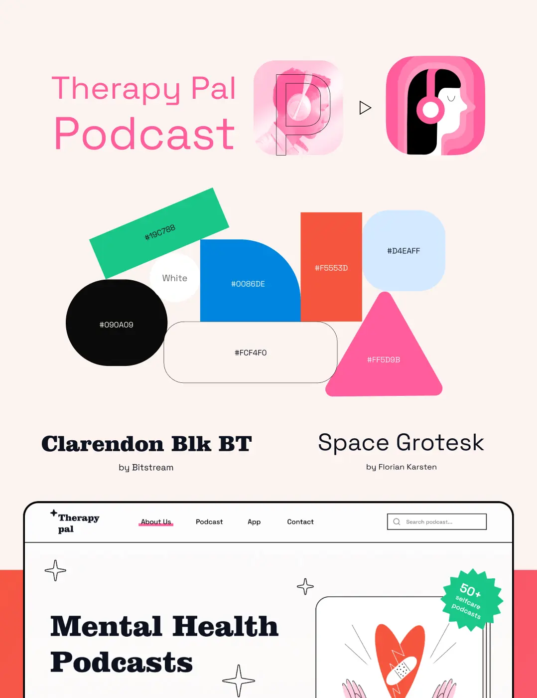 Therapy Pal podcast brand identity: logo, color palette, and website mockup