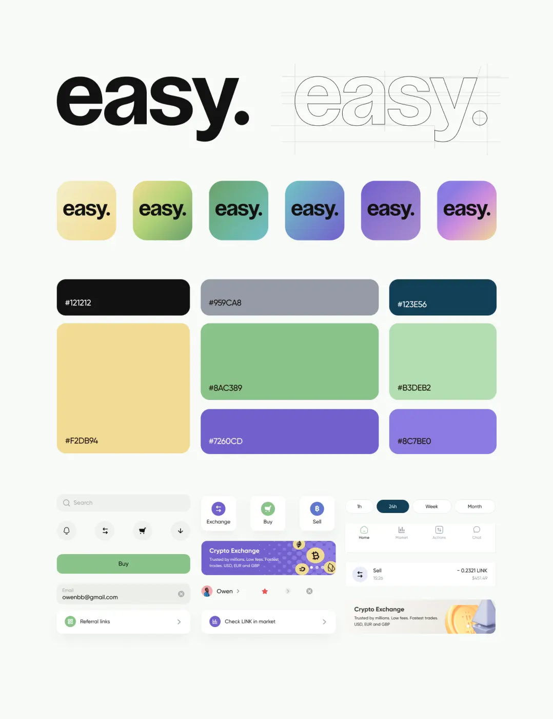 Easy brand identity: logo, color palette, and crypto exchange app UI