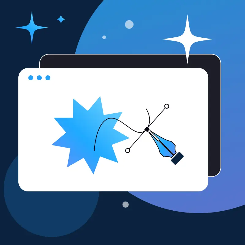 Illustration of a browser window with a vector pen tool editing a star shape
