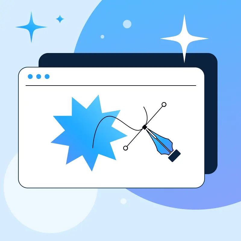 Illustration of a browser window with a vector pen tool editing a star shape