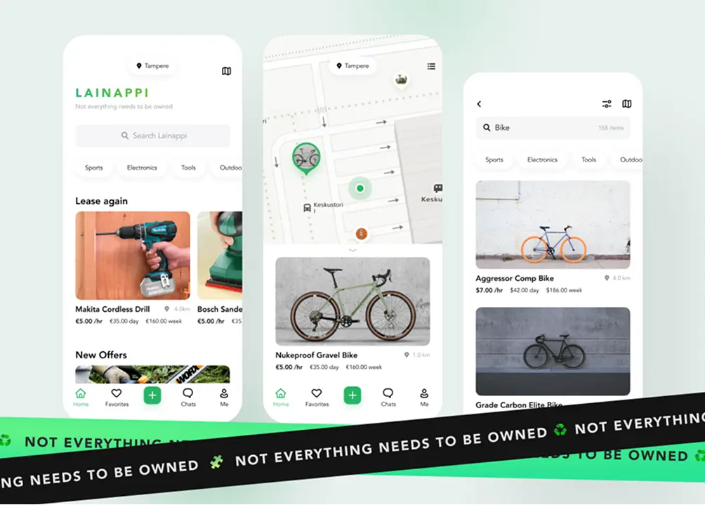 Lainappi rental marketplace app built with React Native — listing, search, and map screens