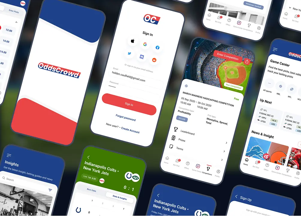 OddsCrowd sports betting insights app built with React Native — odds comparison screens