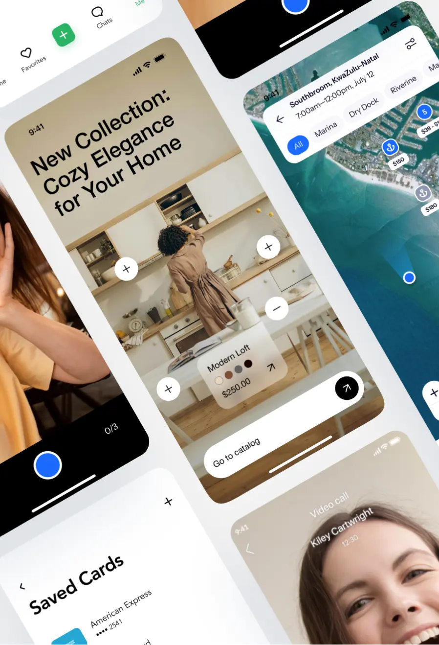 React Native app screens by Ronas IT — shopping catalog, map-based booking, saved payment cards, and a&nbsp;video call