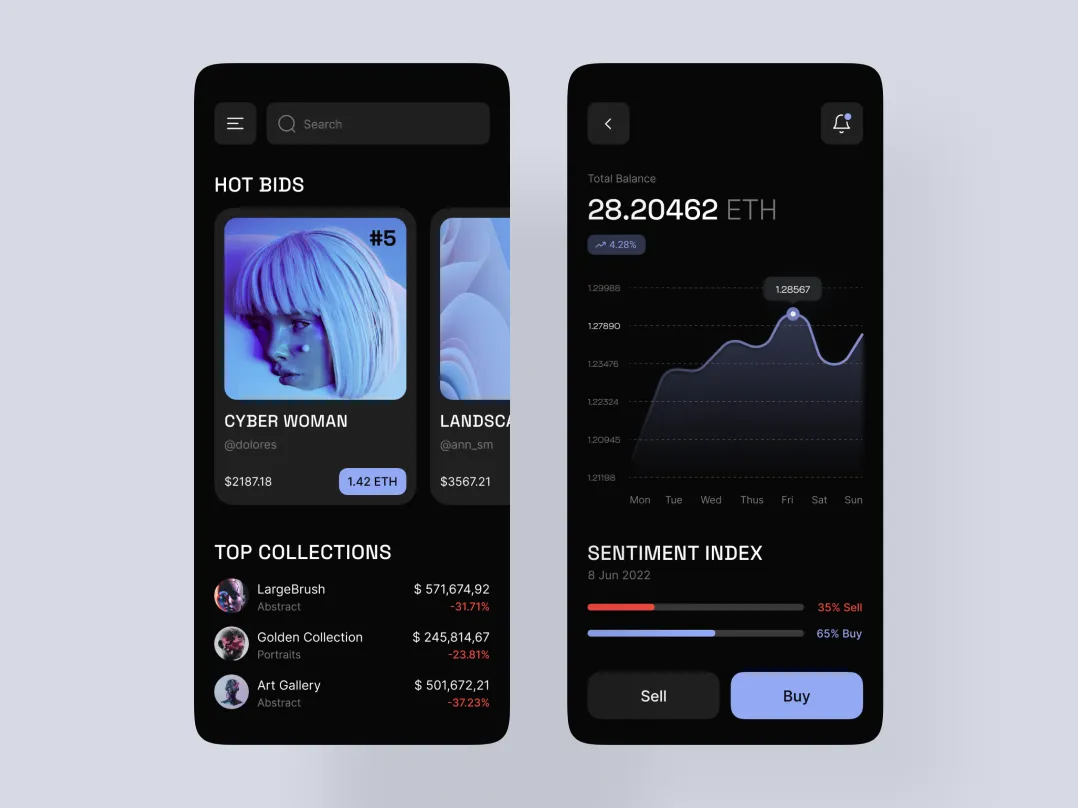 A dark mode UI/UX design of&nbsp;an NFT mobile application, allowing users to&nbsp;view collections and buy NFTs.