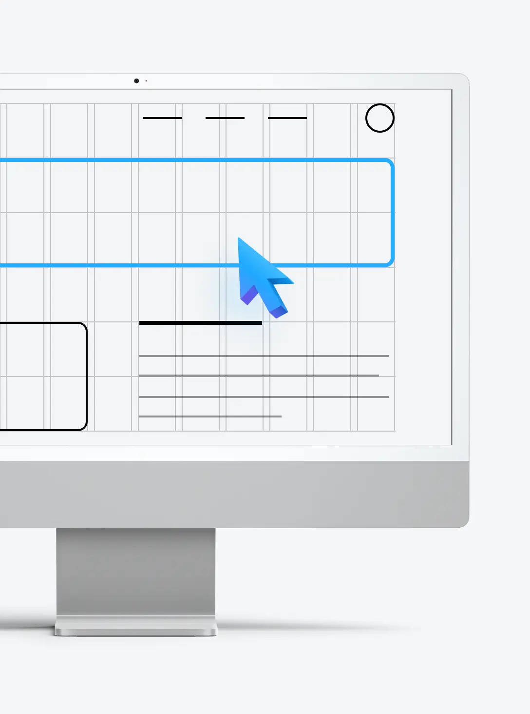 Illustration of a desktop monitor displaying a wireframe grid layout with a cursor selecting a content block