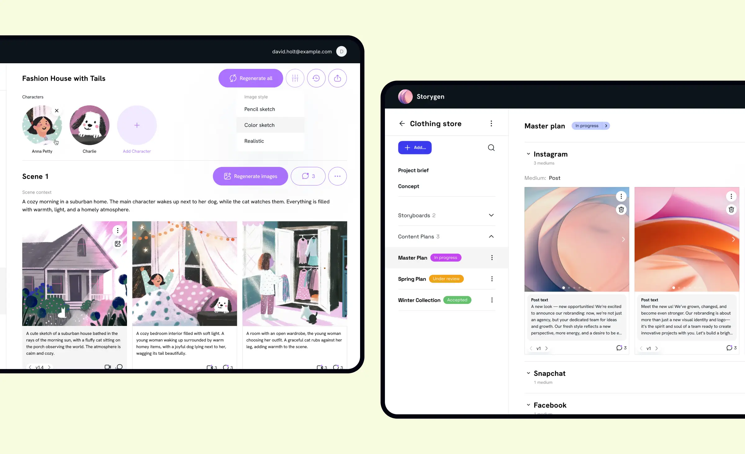 This image displays a creative web platform that uses AI for generating storyboards, illustrations, and content plans. While not directly focused on AI in healthcare patient diagnostics, similar AI-driven tools can help healthcare teams create educational materials or patient communication content efficiently.