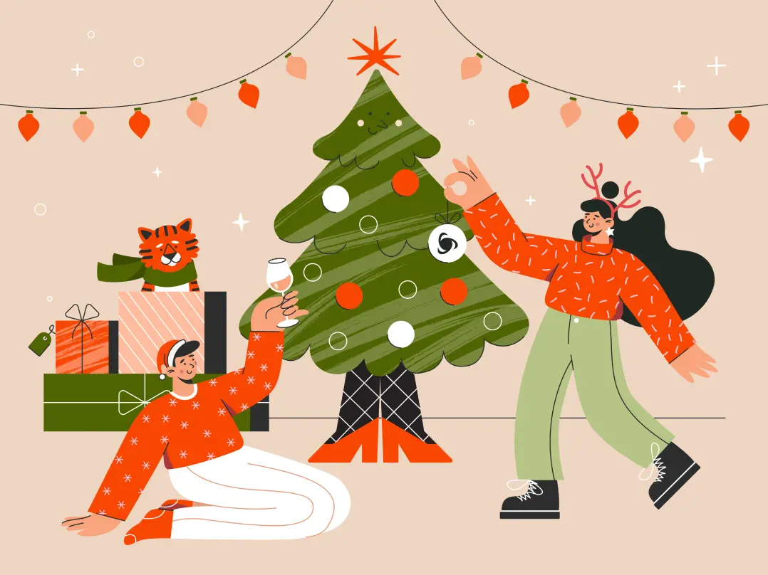 A graphic design of a Christmas postcard. a couple is decorating a Christmas tree. a woman is holding ornaments, while a man is raising a glass of beverage.