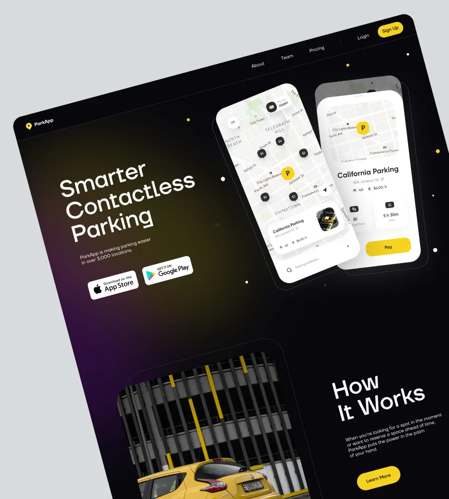 The screenshot shows a landing page design promoting a mobile app for contactless parking. The landing page is titled "Smarter Contactless Parking." Below the title are buttons inviting users to install the app on the App Store or Google Play and mobile app screenshots featuring a city map. Below the buttons is a picture of a car with a short text explaining how the app works, followed by a "Learn More" button.