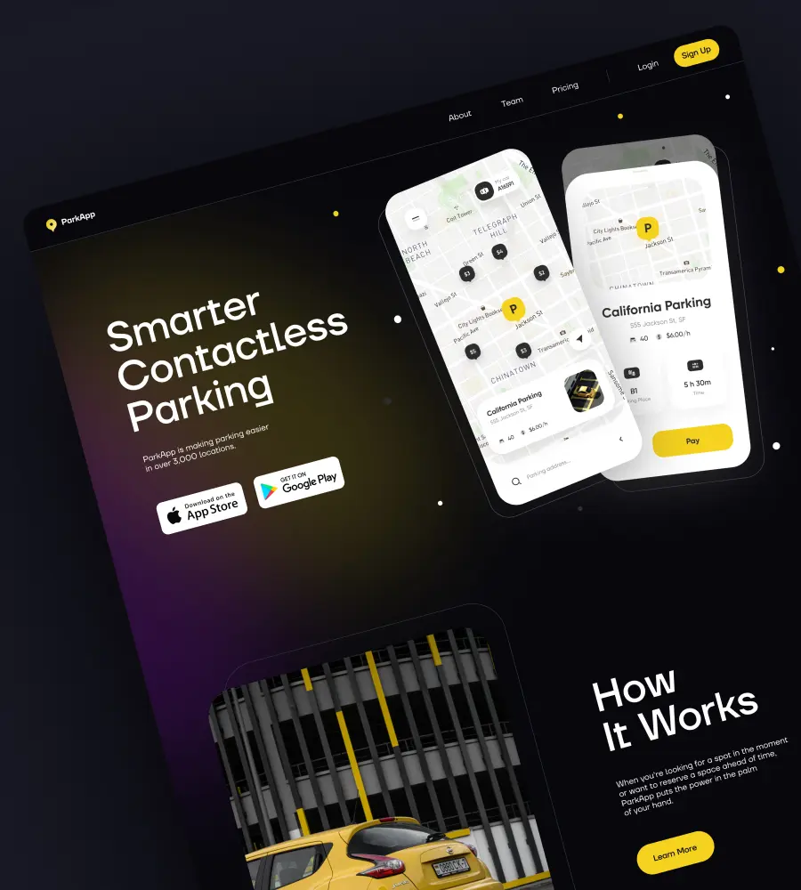 The screenshot shows a landing page design promoting a mobile app for contactless parking. The landing page is titled "Smarter Contactless Parking." Below the title are buttons inviting users to install the app on the App Store or Google Play and mobile app screenshots featuring a city map. Below the buttons is a picture of a car with a short text explaining how the app works, followed by a "Learn More" button.