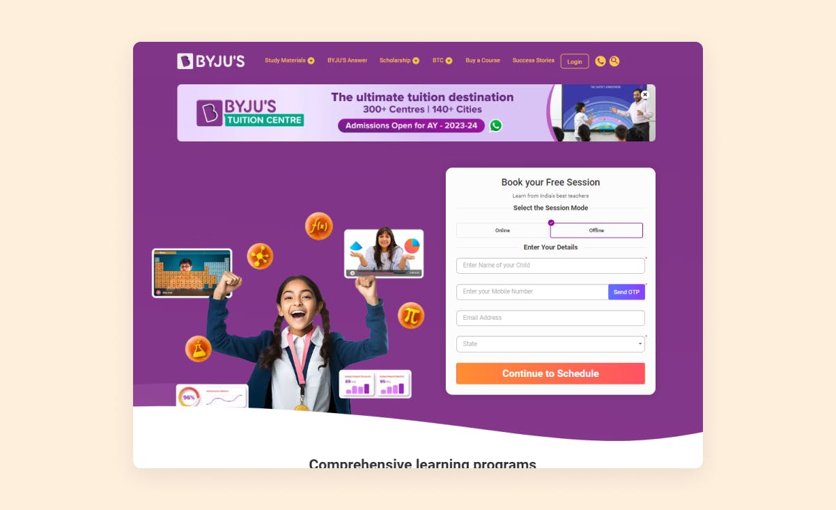The image shows the main page of BYJU’S web application, a major educational platform developed in India. It’s recognized as one of the largest learning management systems, or more colloquially, a learning app, originating from Asia.