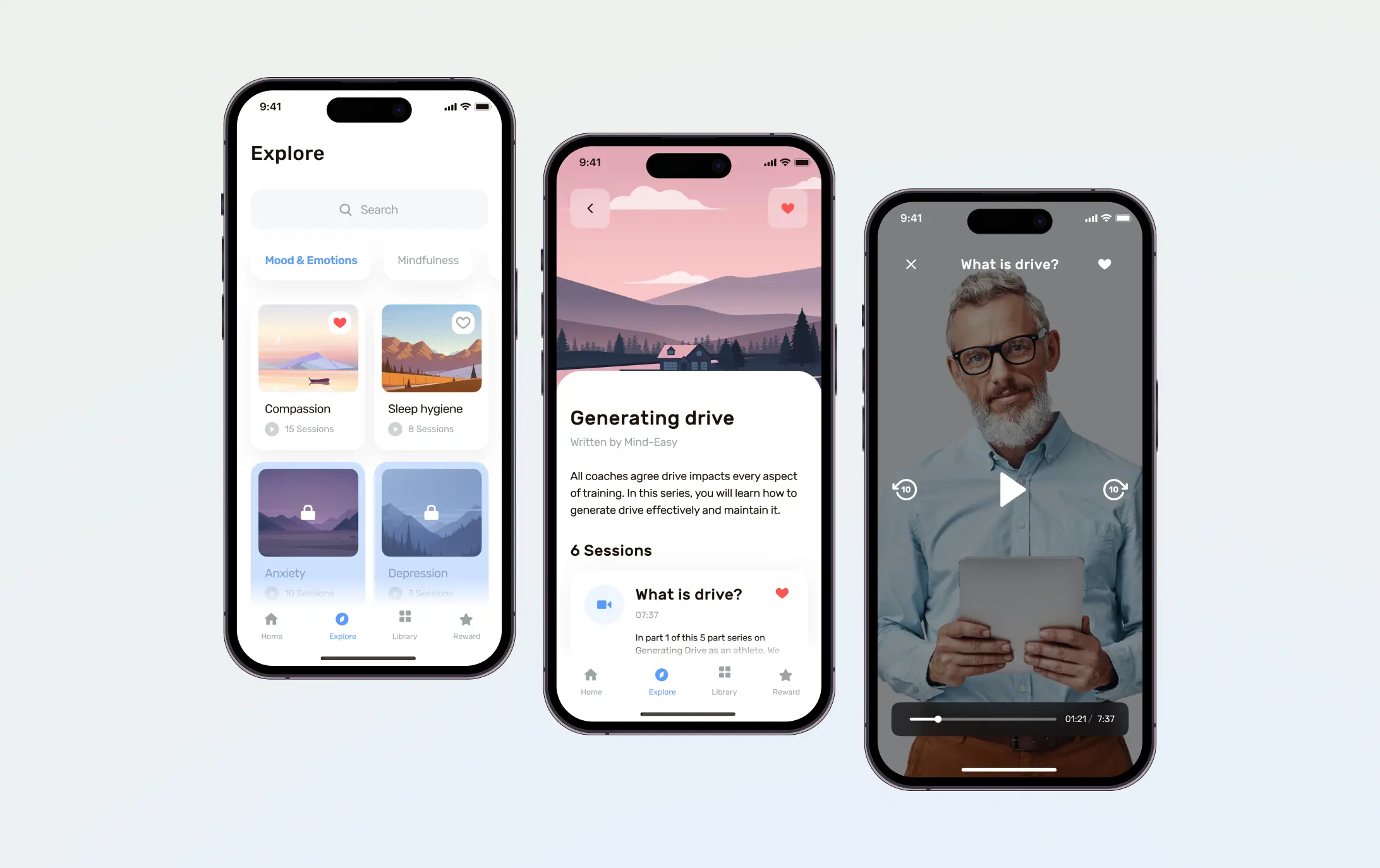 Mind Easy mental health app screens: session explorer, a session series page, and a guided video player