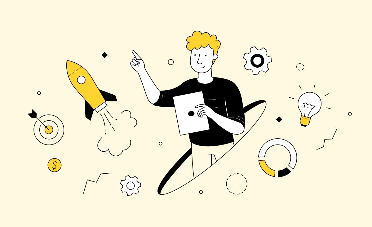 A cover symbolically represents app development services for startups: an entrepreneur surrounded by ideas, graphs, and a rocket as a symbol of a startup