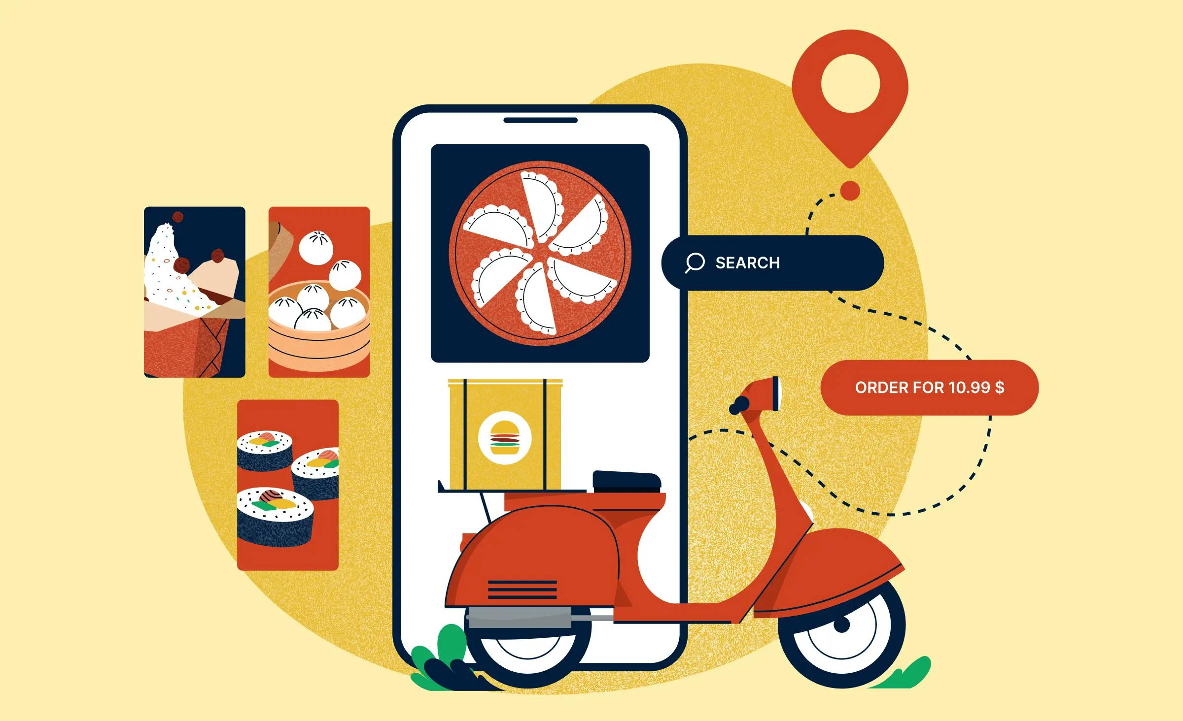 The cover represents an article dedicated to food delivery app development. The background depicts a mobile app screen with a food menu. At the forefront, there is an image of a food delivery scooter heading towards a destination on a map.
