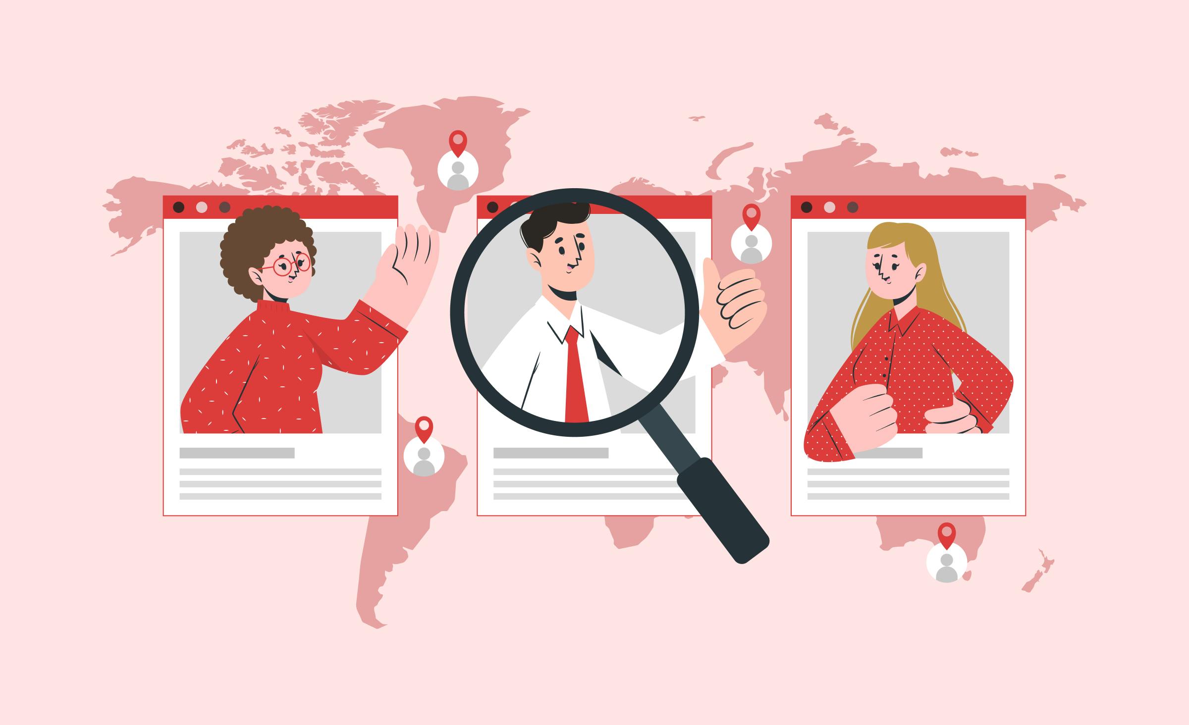 The cover represents the purpose of the article, providing guidance on selecting a software development company. It features a map with pinned profiles depicting various company representatives. Three profiles are zoomed in: one shows a woman with curly brown hair, glasses, and a longsleeve; another shows a woman with long fair hair wearing a shirt; and the third shows a man in a shirt and tie. A magnifying glass is examining the man’s profile.