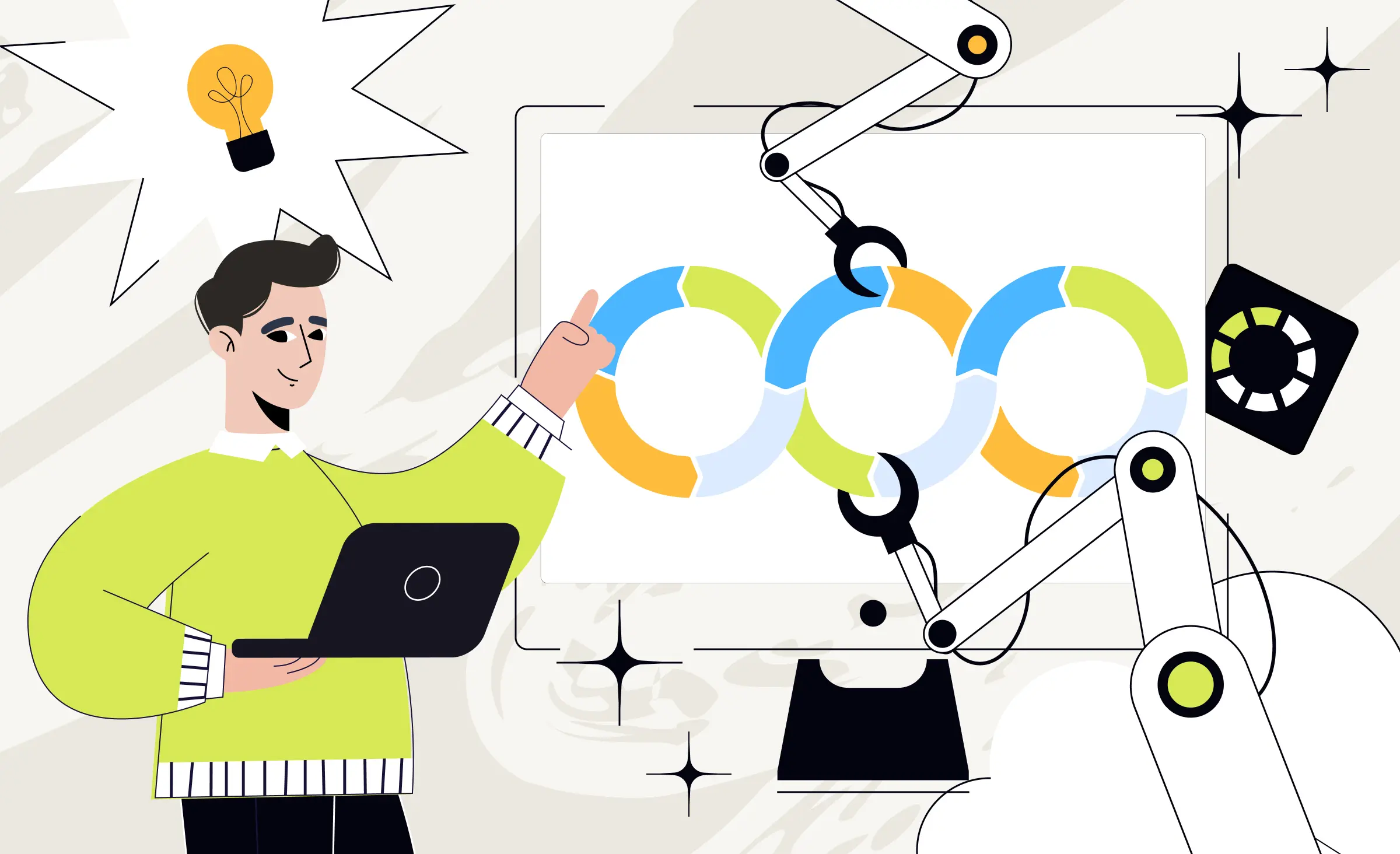 Engineer with a laptop overseeing robotic arms interacting with circular workflow diagram, representing automated machine learning operations processes