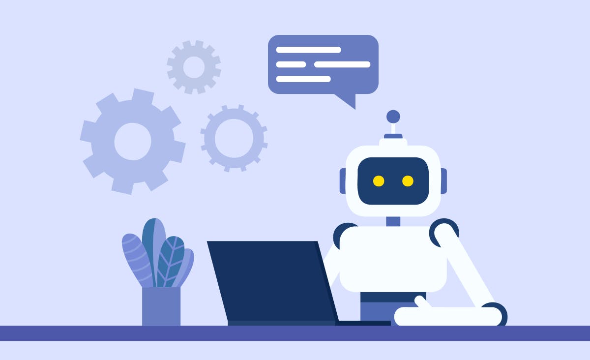 The cover depicts AI in software development: a robot seated in front of a computer with a speech bubble above its head. Additionally, there is a small plant in a pot beside the computer.