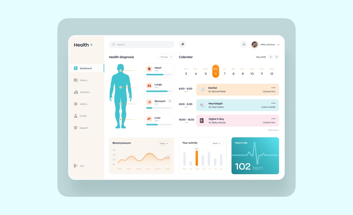 Healthcare software concept designed by Ronas IT. The screenshot depicts a dashboard with the patient’s data and a calendar for scheduling an appointment.