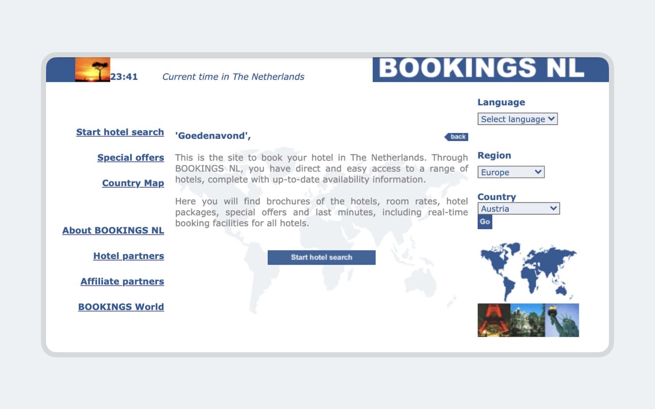 The outdated interface of Bookings.nl, an in-house developed application by Booking.com demonstrating its evolution over the years.