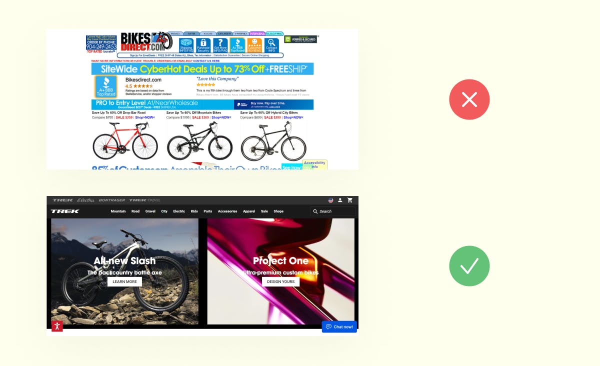 The image illustrates two real bicycle-selling websites as an example of the importance of e-commerce website design. In the first case, there is an obvious information overload, making it difficult to find and understand the content. Buttons and blocks are of different shapes and written in different fonts, and overall, design elements are completely absent. In the second case, everything is visible and well-structured. The design incorporates clear blocks and sufficient whitespace, resulting in a more visually appealing and user-friendly experience.