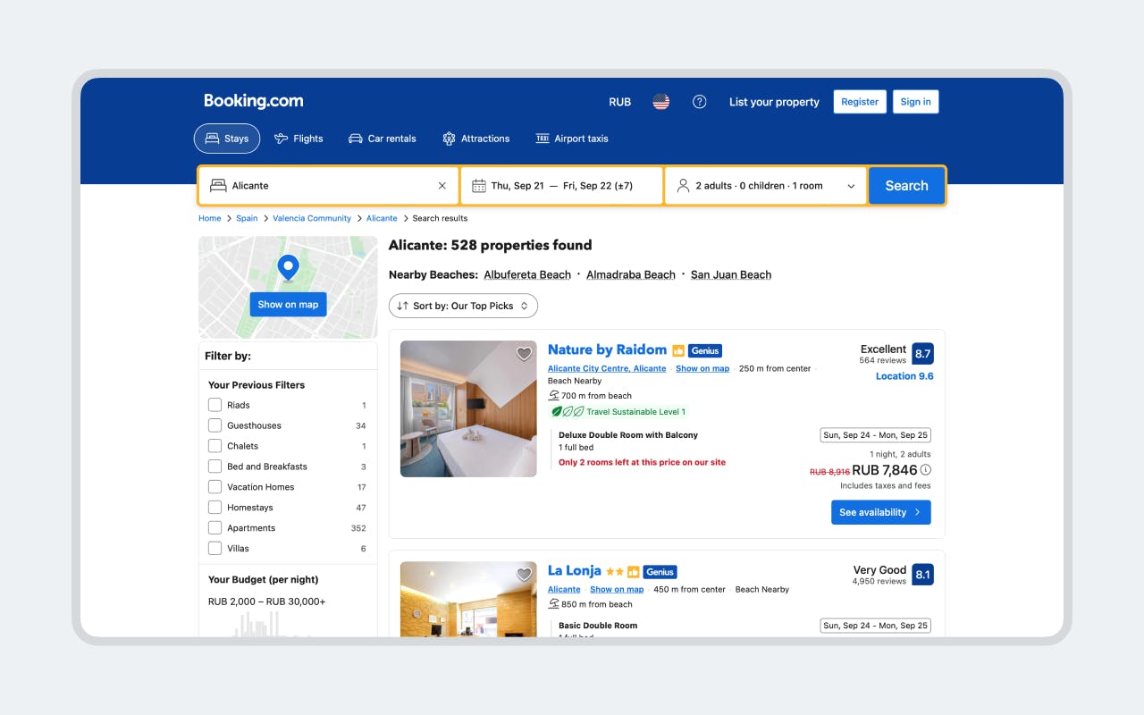 The current interface of Bookings.nl, an in-house developed application by Booking.com demonstrating its evolution over the years.