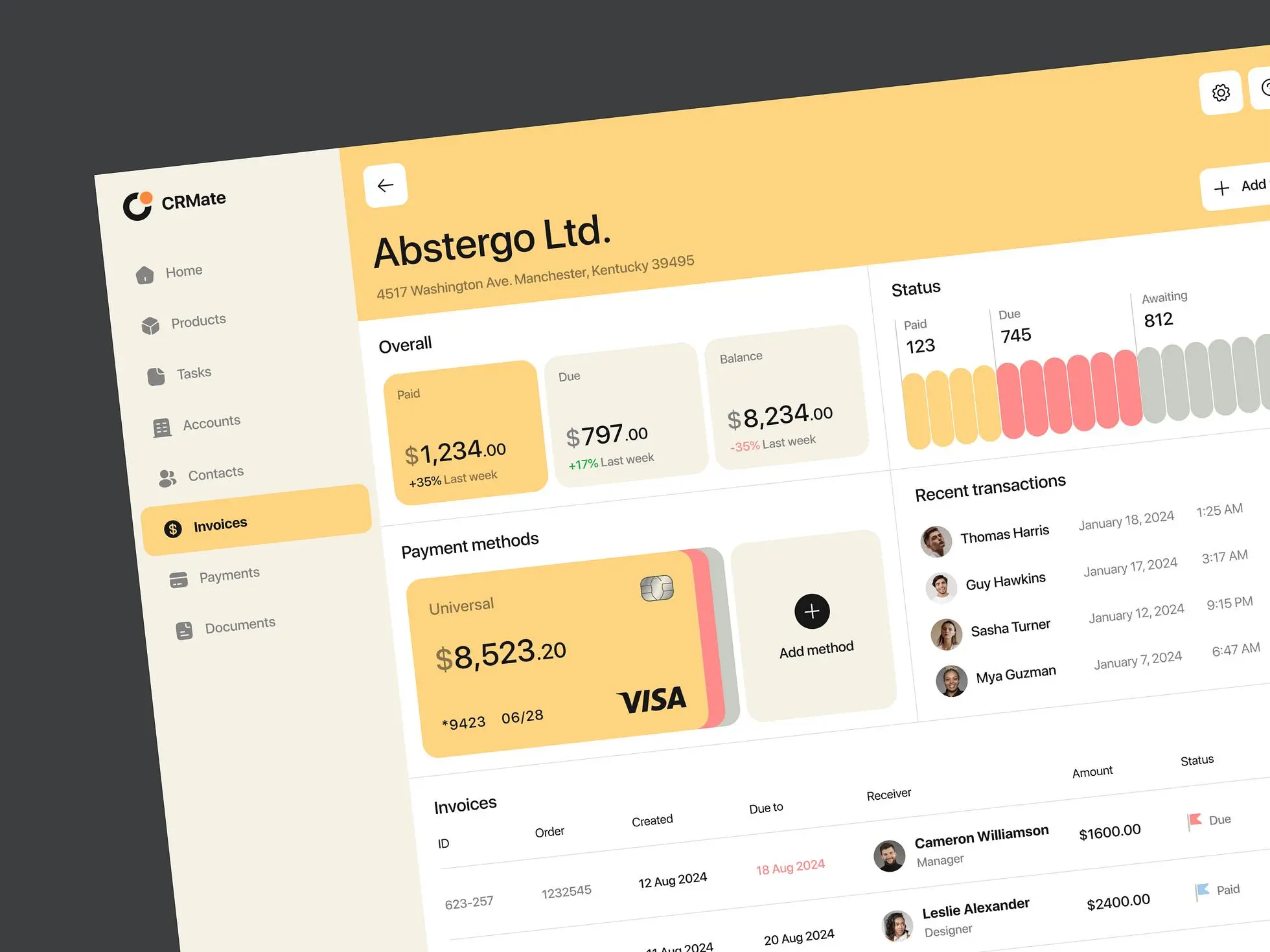 CRM dashboard design concept: a screen showing the main design features