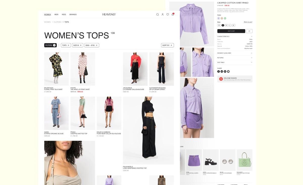 The image shows a Dribbble shot by Ronas IT. It features a custom e-commerce website for the clothing brand Heavenly. We see two screens displaying the catalog of women’s clothing in both desktop and mobile formats.