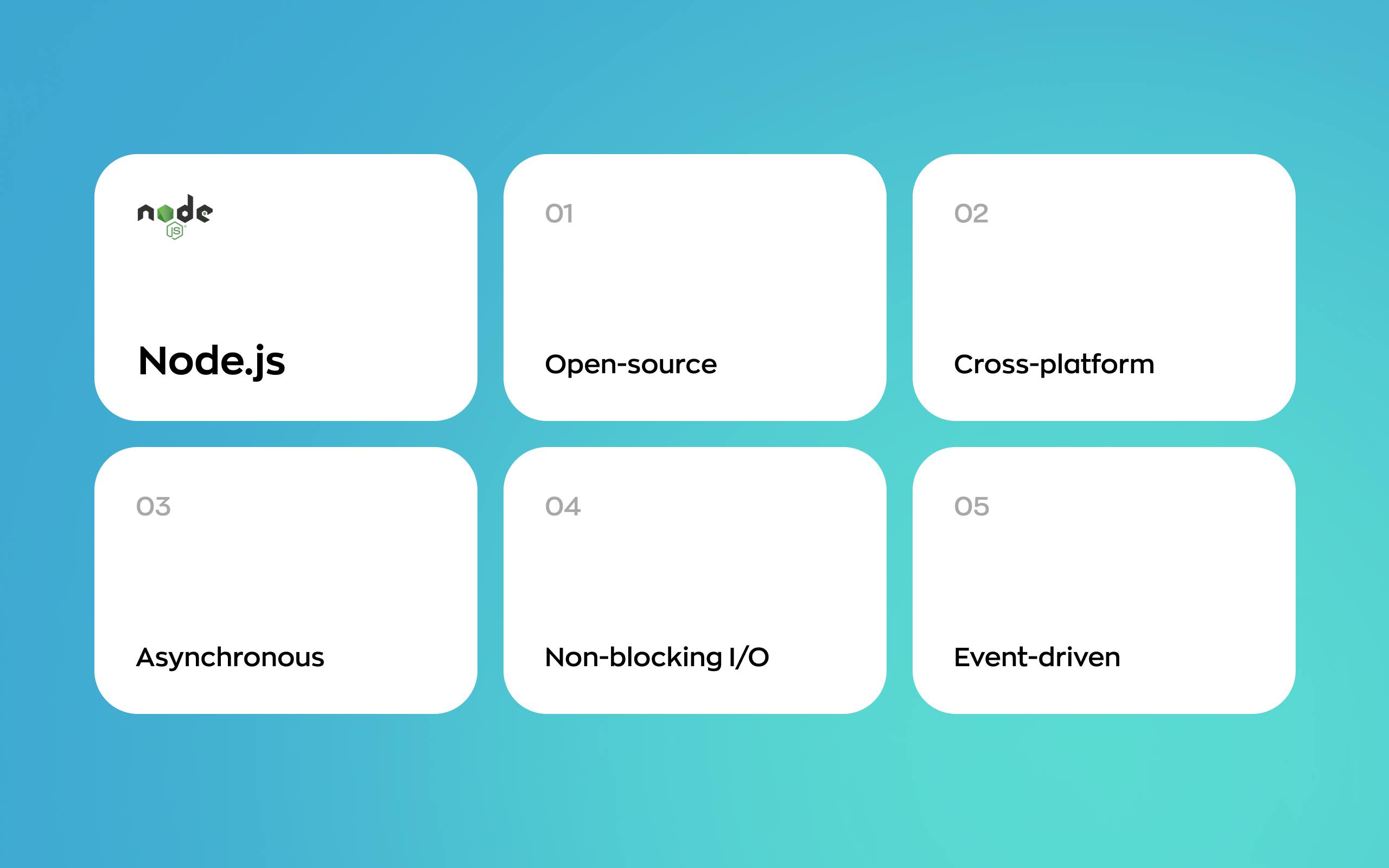 Node.js features: open-source, cross-platform, asynchronous, non-blocking I/O, event-driven