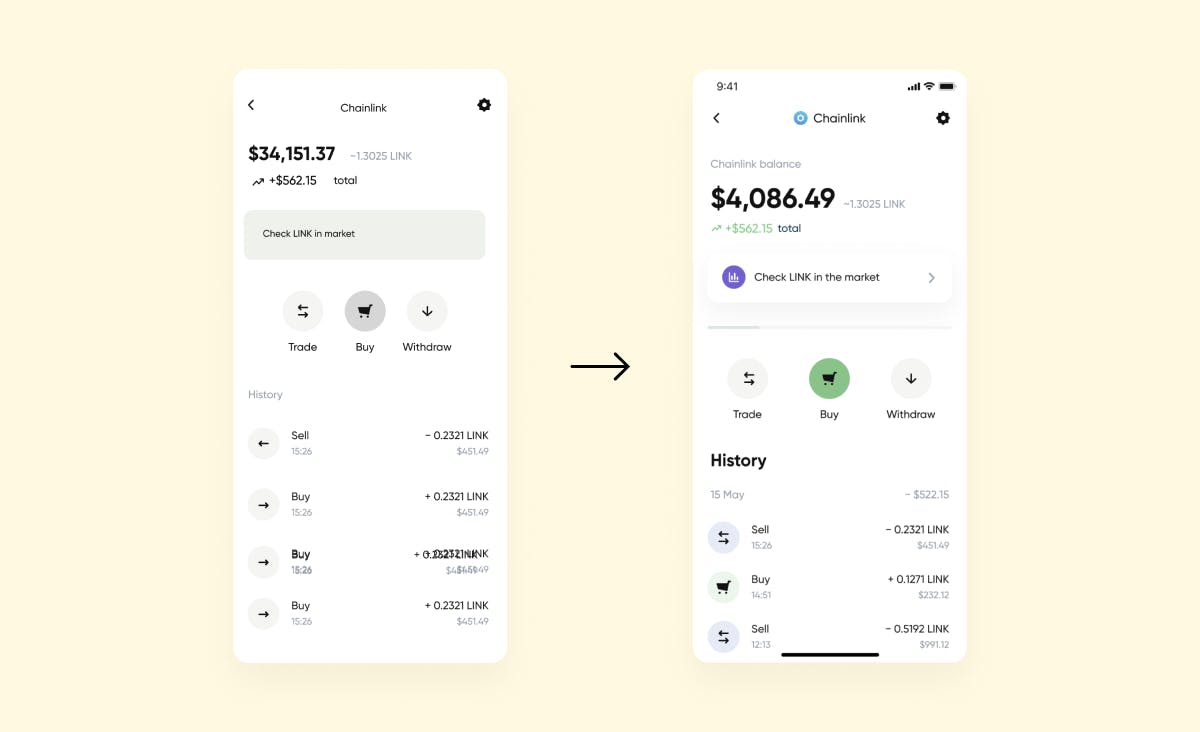 An image shows an interface’s transformation from the wireframe to the finished design, proving that UI/UX design is one of the main app development services for startups