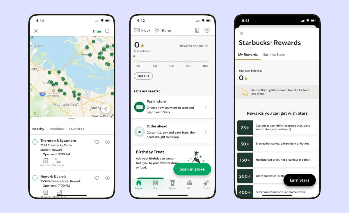Benefits of custom software solutions: Starbucks app screens