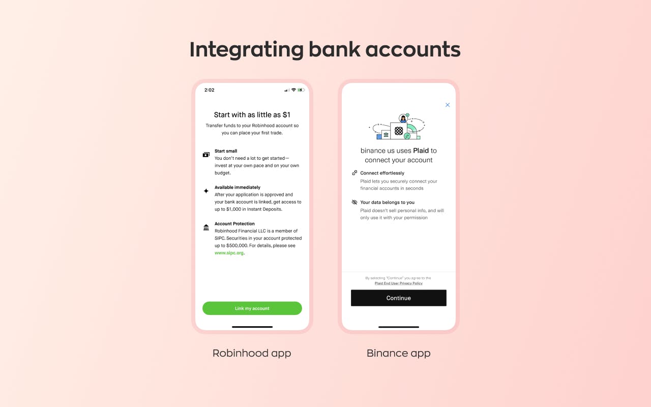 Guide to custom trading platform development: add banking information flow from Robinhood and Binance apps