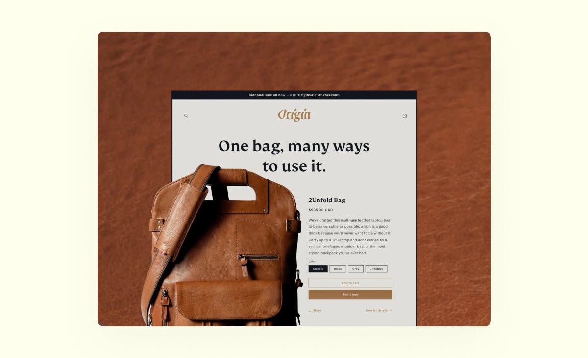 The screenshot represents one of the Shopify design themes for customizing an online store. The image shows a profile of a leather bag with its photograph, color selection, description, and options to proceed to purchase or add to cart. The design theme is executed in shades of brown that complement the overall look of the leather bag.