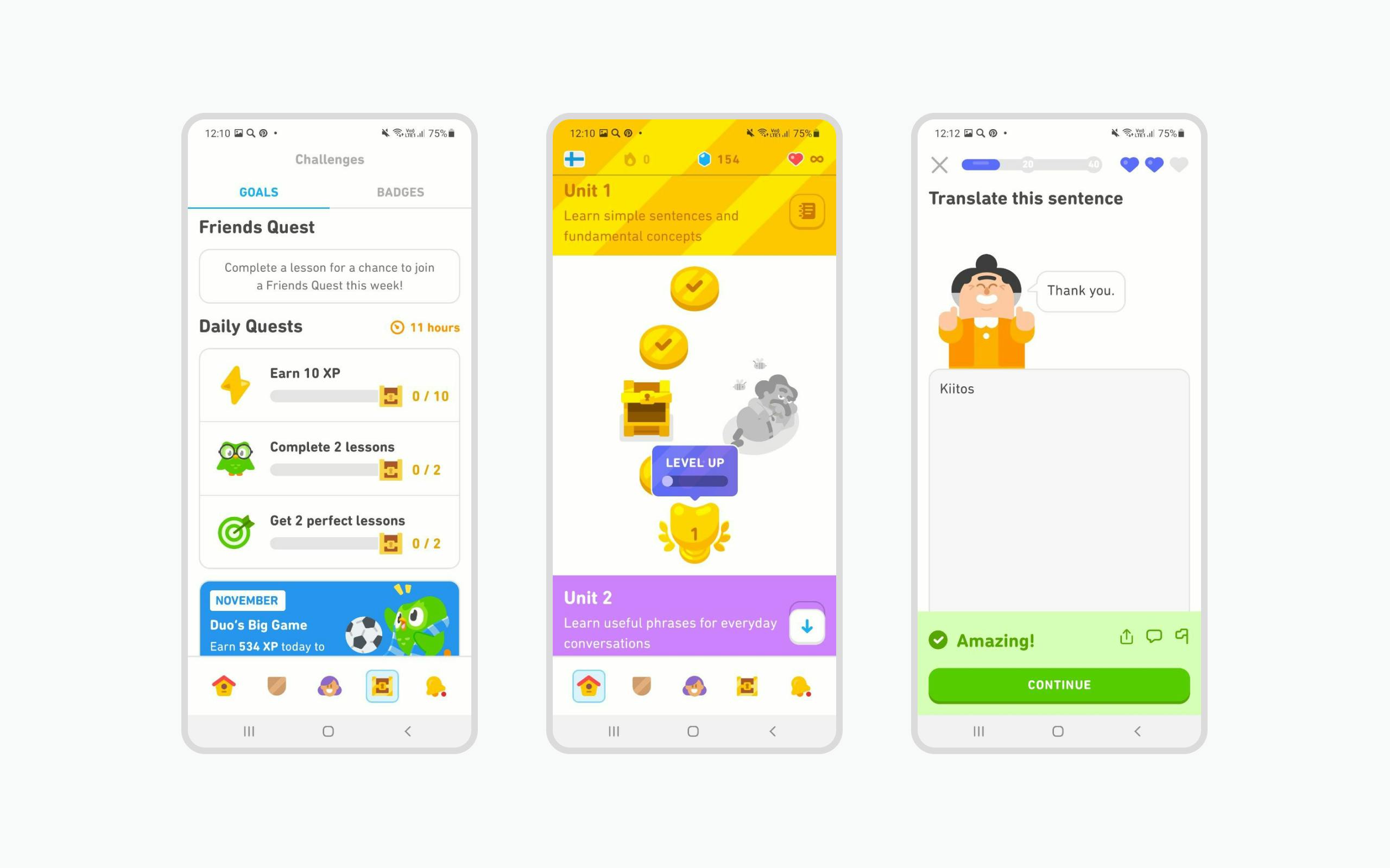 Duolingo app interfaces: a Goals page with Friends Quest and Daily Quests sections, page with units, translation task page.