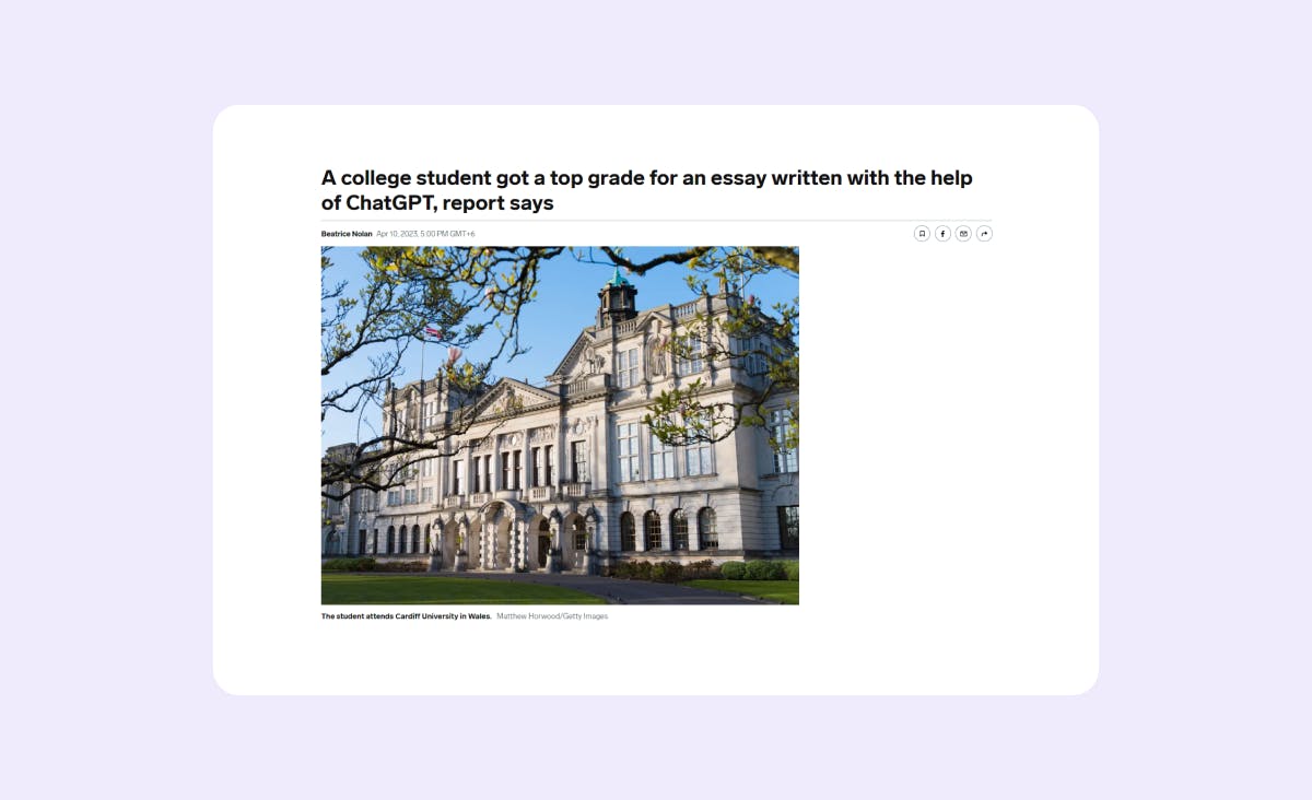 The image shows a screenshot of a Business Insider news article with the headline "A college student got a top grade for an essay written with the help of ChatGPT, report says." The photograph in the article depicts Cardiff University in Wales.