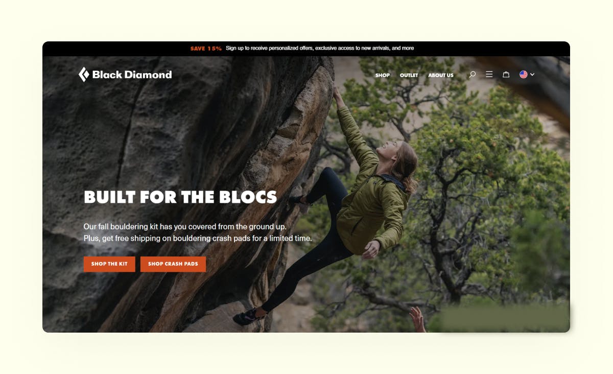 The screenshot shows an e-commerce website created using the BigCommerce platform. It is the Black Diamond company, which sells climbing equipment and gear. The homepage features an advertisement for the autumn collection, with the background image showing a girl climbing a rock.