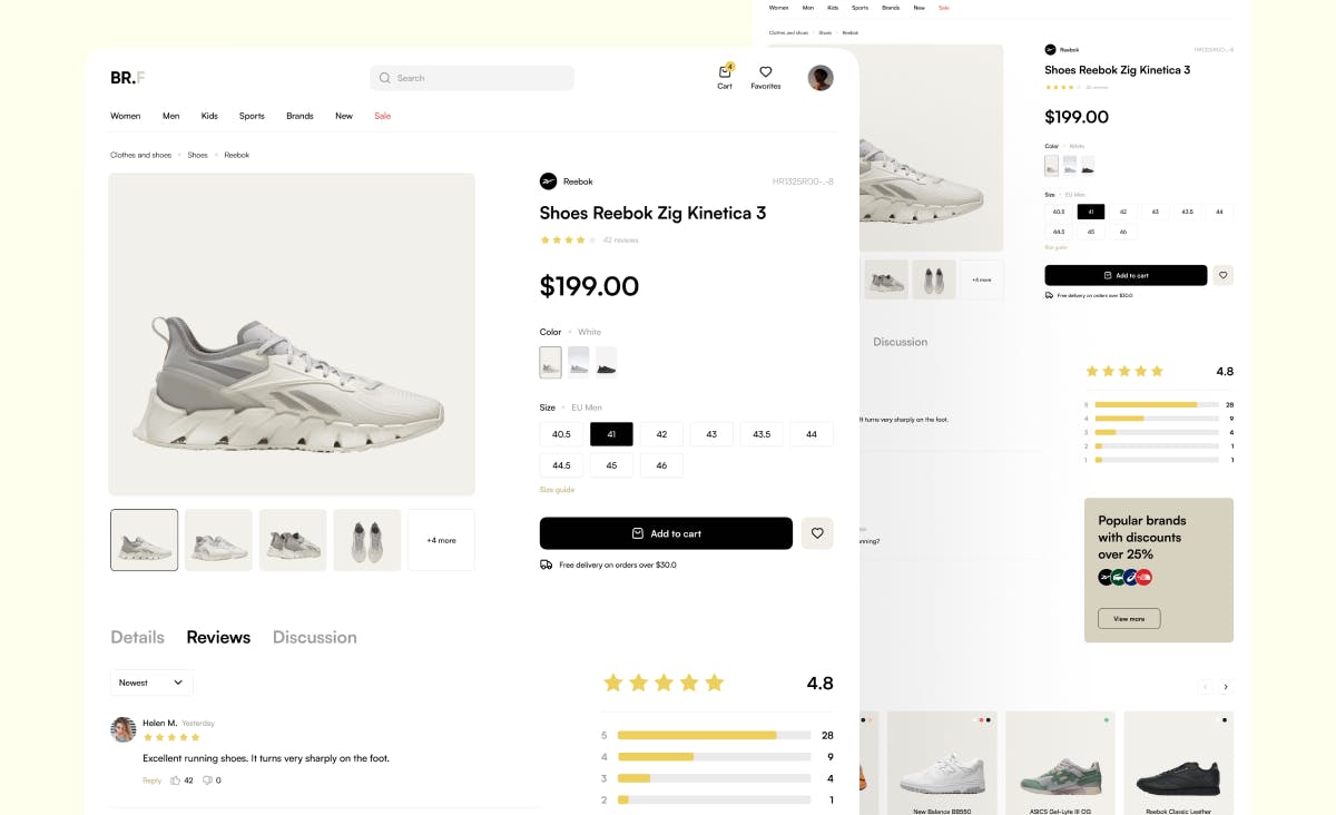 A Dribbble shot of a custom e-commerce platform created by Ronas IT. The screenshot displays a product card for sneakers. Users can view photos of the sneakers from different angles, add them to the cart, read the description, select a size, and read reviews. The design appears clean and easy to navigate, avoiding design clutter and bright accent colors.