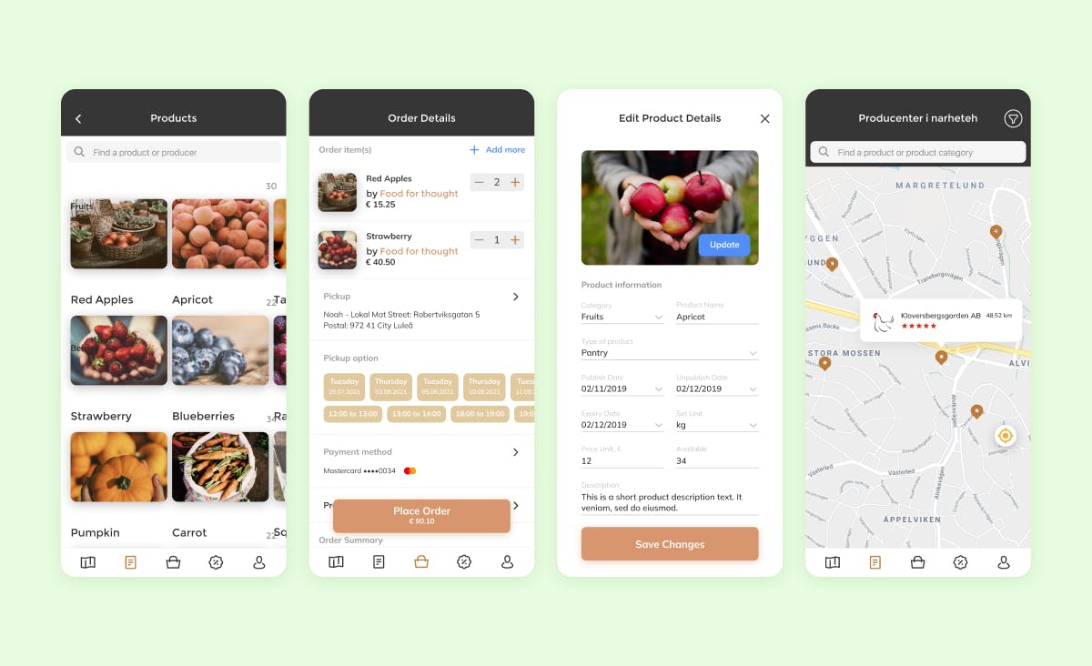 Four screens from the Noah mobile app design highlight various features: farm product categories, order details, product detail editing, and a map showing the locations of the nearest farmers