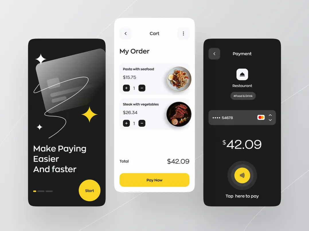 A restaurant mobile app design featuring a splash screen, a list of orders, and a payment page. the app allows users to order and pay with NFC within the app.