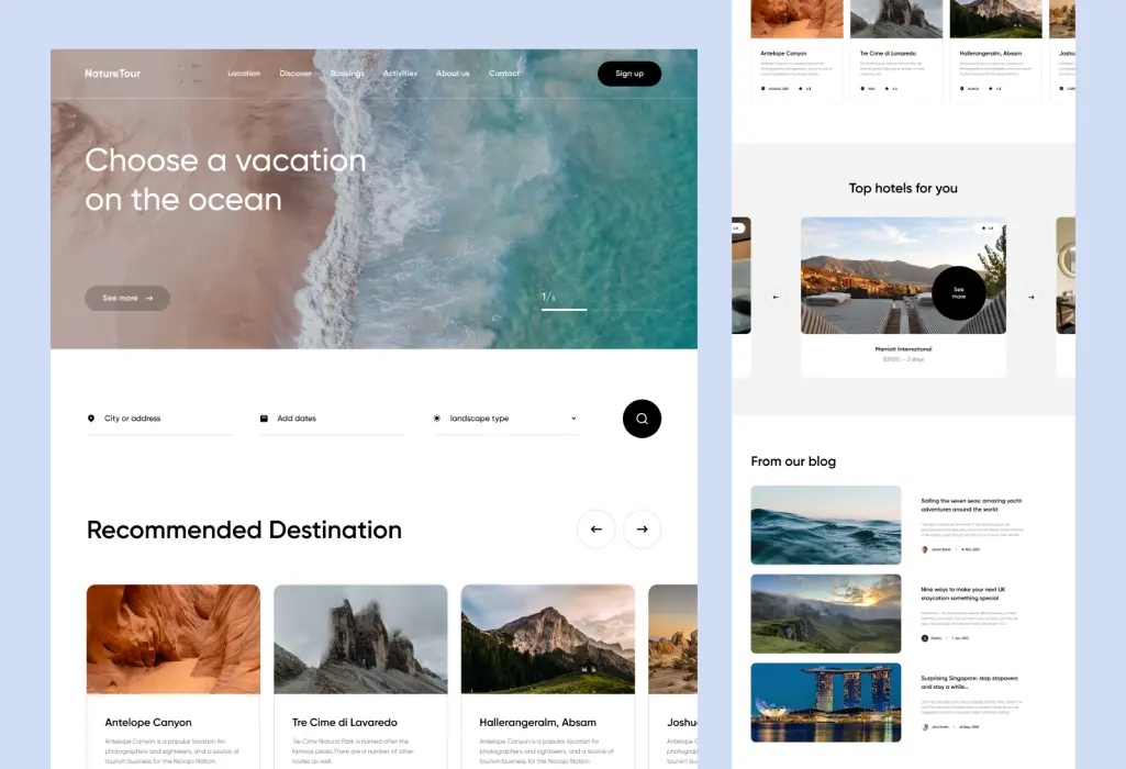 A travel agency website UI/UX design, offering recommended destinations, top hotels, and blog articles.