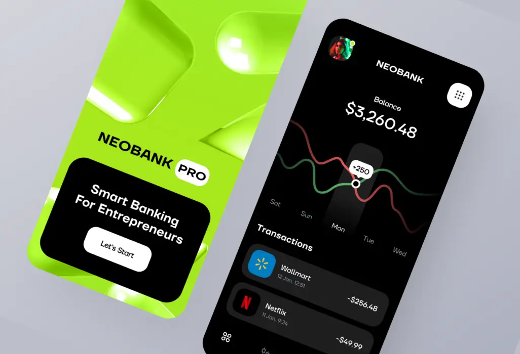 Two screens of the neobank app UI/UX design. The first screen shows a bright green splash screen, while the second screen displays the home screen. The home screen features a dark mode design with a user's balance, statistics, and transaction history.
