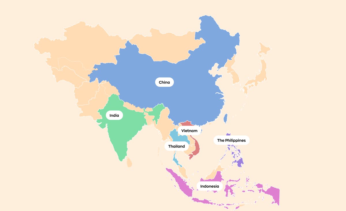 The cover depicts a map with some Asian countries marked in color. These include: China, India, Vietnam, Thailand, the Philippines, and Indonesia. All of these countries, among others, are discussed within the article on the topic of web app development services in Asia.