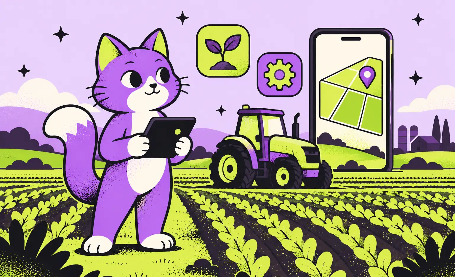 The Ronas IT cat mascot holds a tablet in a field of crop rows, beside a tractor and a phone that shows a field map with a pin