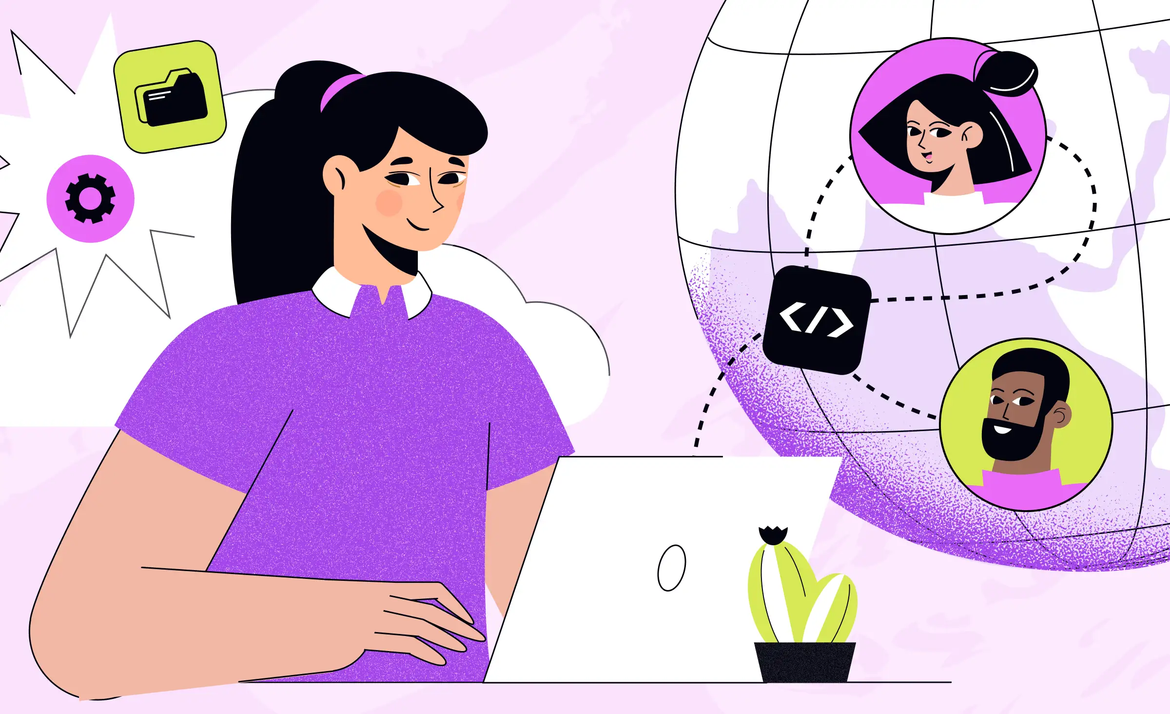 This image illustrates the concept of nearshore software development, showing a developer collaborating with teammates from different locations around the globe, highlighting how nearshore software development enables real-time communication and teamwork across borders.