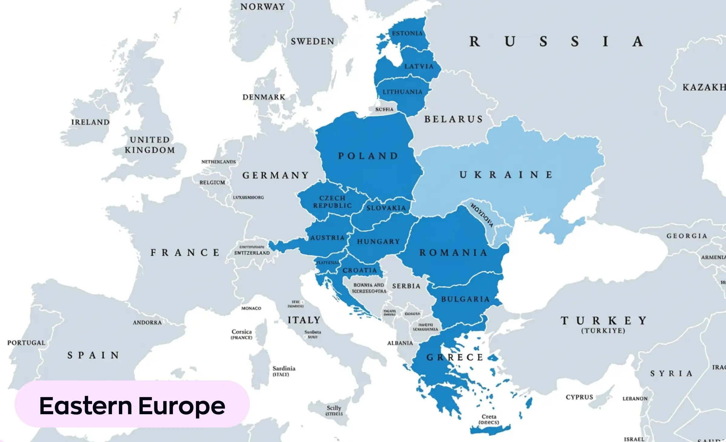 This image showcases Eastern Europe as a popular region for nearshore software development, highlighting countries that are frequently chosen by companies for their nearshore software development teams and expertise.