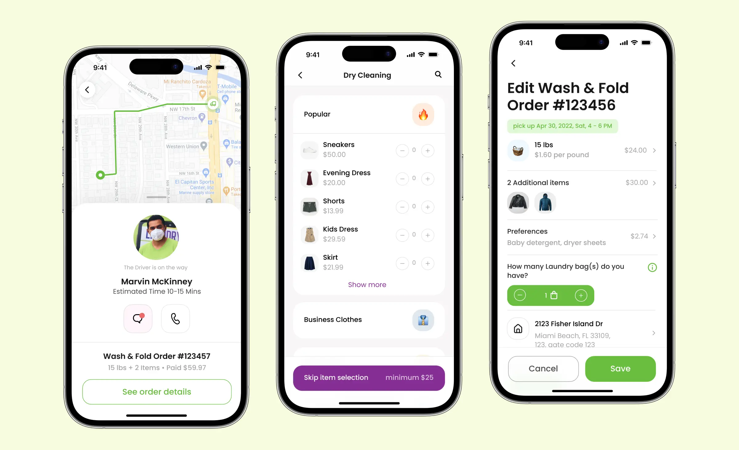 Three smartphone screens showcasing the Hamperapp mobile application, an example of a successful offshore development project by Ronas IT. The first screen displays a driver tracking a laundry order on a map. The second shows a menu for selecting dry cleaning and laundry items. The third screen illustrates an "Edit Wash & Fold Order" interface, highlighting the app’s intuitive design and features.