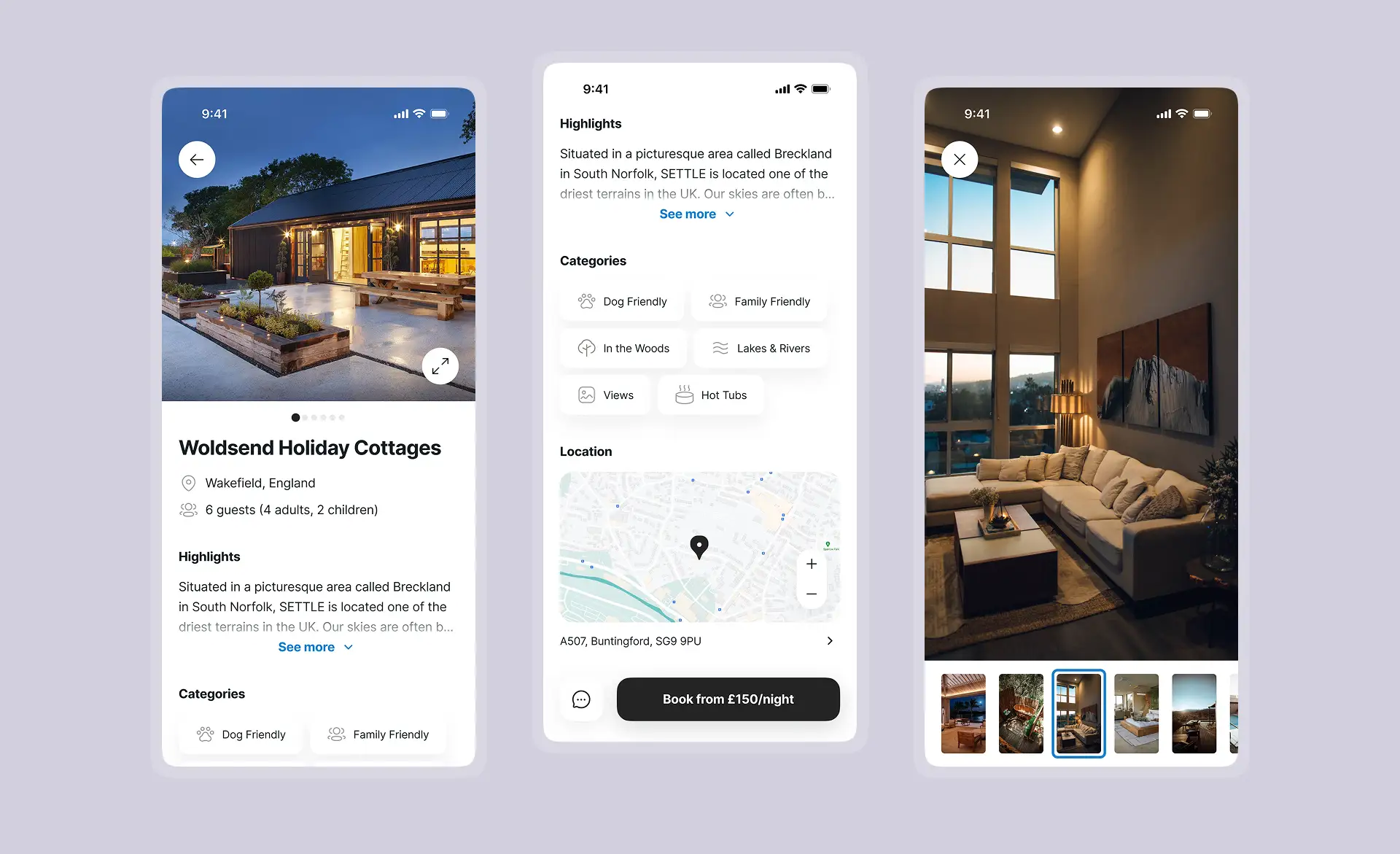The admin panel of the UK Retreats app was developed using Laravel Nova, an admin package for custom Laravel web development . The image shows the client-side of the app, displaying three screens of the mobile web version. The first screen shows a photo, location, and capacity of a cottage. The second screen features a map and accommodation categories (dog-friendly, family-friendly, etc.). The third screen presents a gallery of photos.